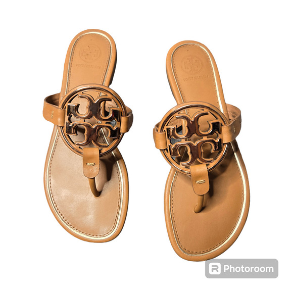 Tory Burch Metal Miller Calf Leather Sandals in Rose Gold/ Tan Size: 6.5 - Picture 1 of 7